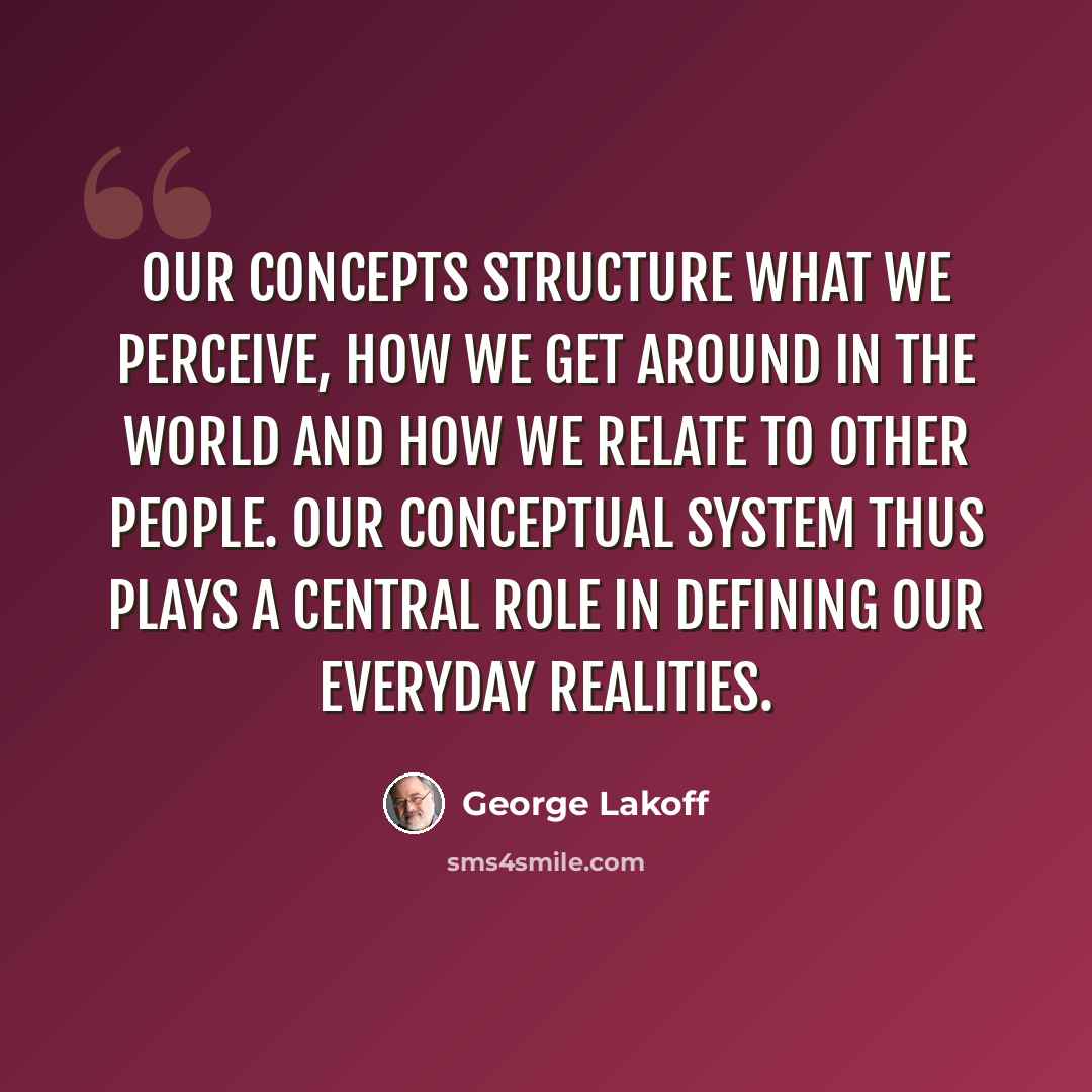 “Our concepts structure what we perceive, how we get around in the world and how we relate to other people. Our conceptual system thus plays a central role in defining our everyday realities.” quote by George Lakoff