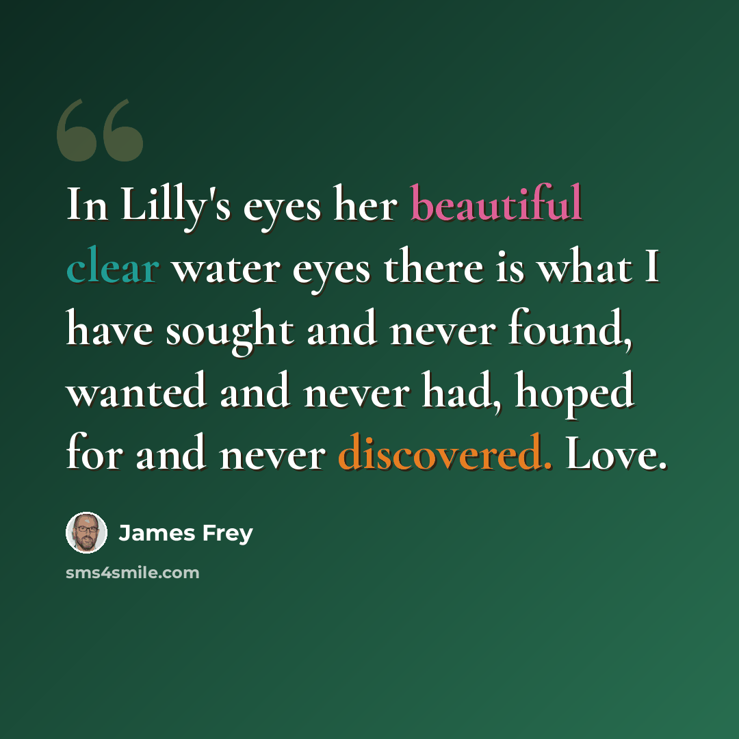 “In Lilly's eyes her beautiful clear water eyes there is what I have sought and never found, wanted and never had, hoped for and never discovered. Love.” quote by James Frey