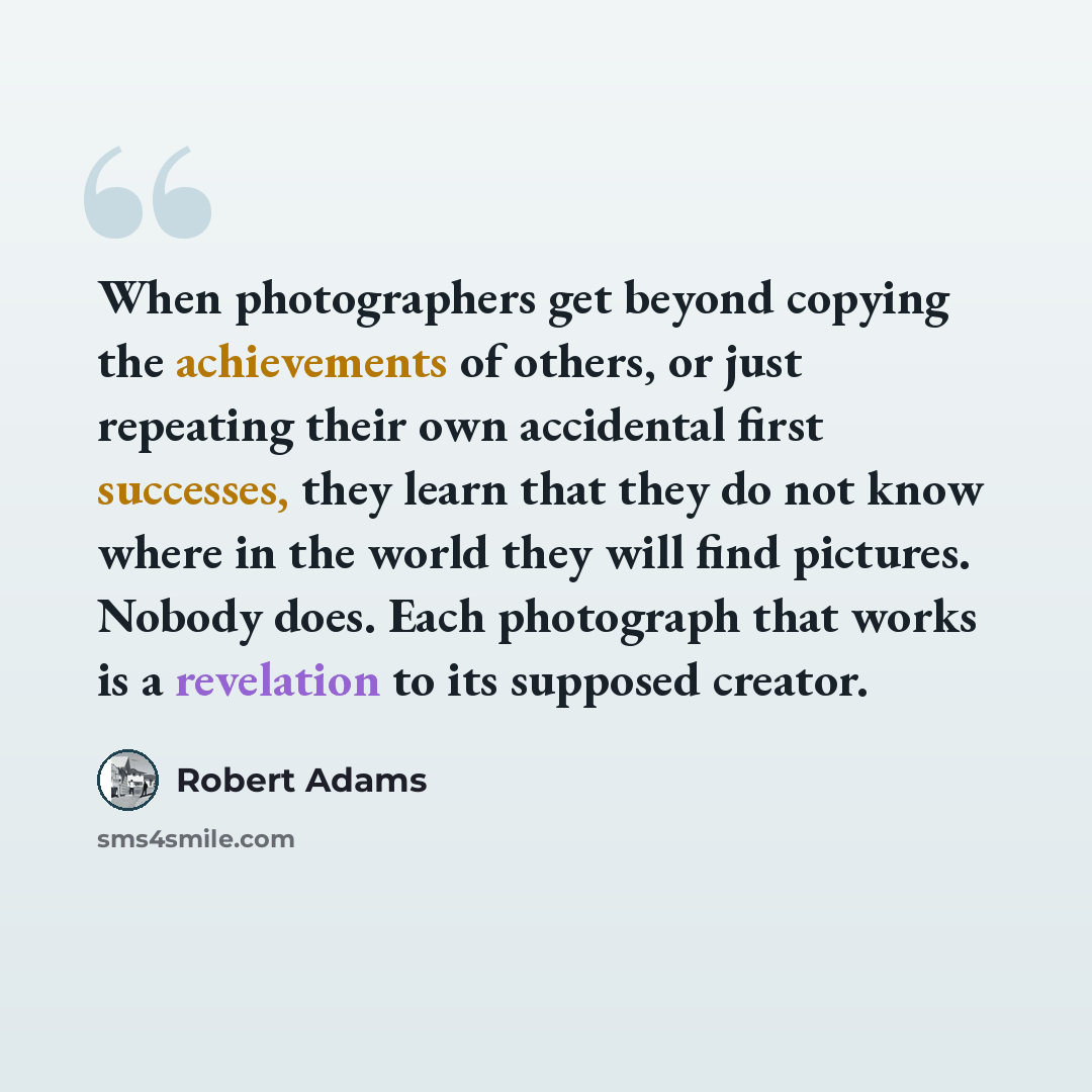 “When photographers get beyond copying the achievements of others, or just repeating their own accidental first successes, they learn that they do not know where in the world they will find pictures. Nobody does. Each photograph that works is a revelation to its supposed creator.” quote by Robert Adams