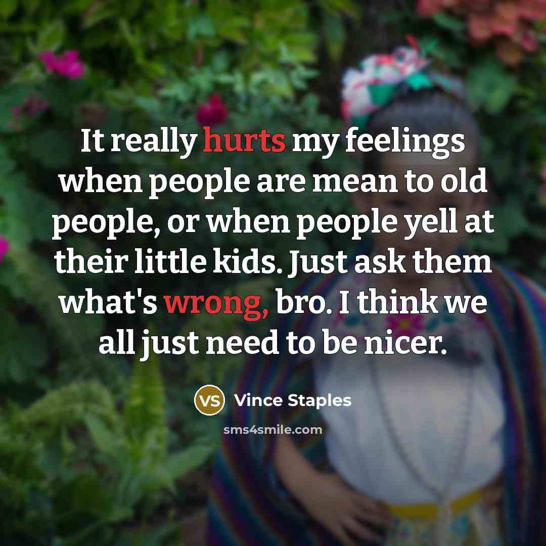 “It really hurts my feelings when people are mean to old people, or when people yell at their little kids. Just ask them what's wrong, bro. I think we all just need to be nicer.” quote by Vince Staples