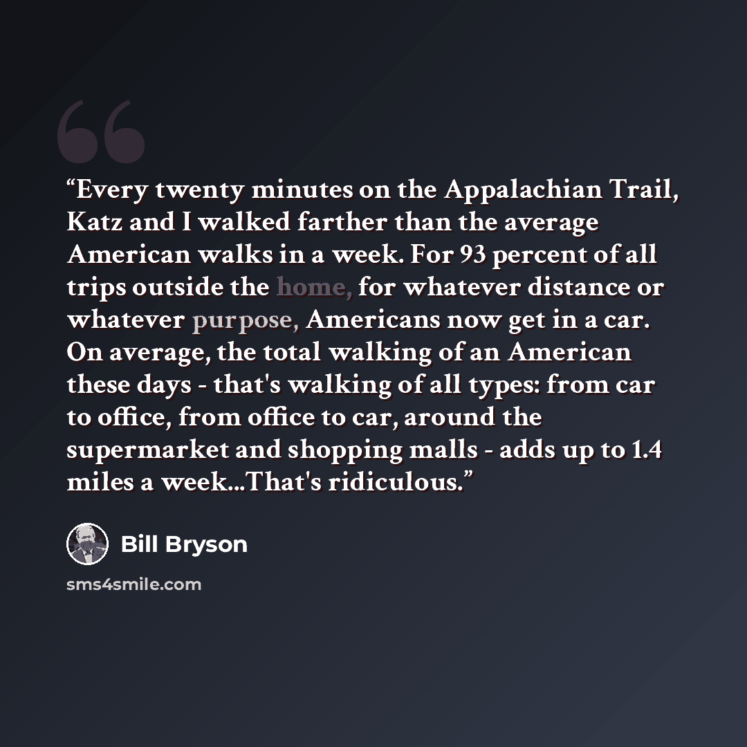 “Every twenty minutes on the Appalachian Trail, Katz and I walked farther than the average American walks in a week. For 93 percent of all trips outside the home, for whatever distance or whatever purpose, Americans now get in a car. On average, the total walking of an American these days - that's…” quote by Bill Bryson