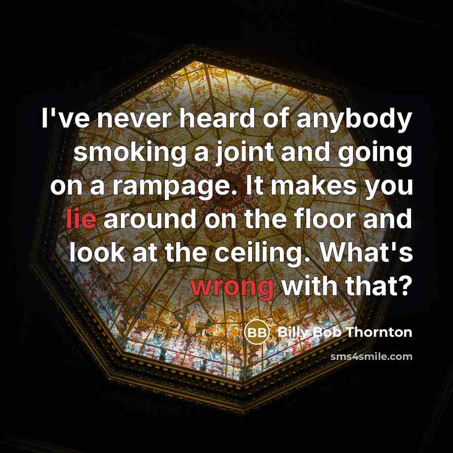 “I've never heard of anybody smoking a joint and going on a rampage. It makes you lie around on the floor and look at the ceiling. What's wrong with that?” quote by Billy Bob Thornton