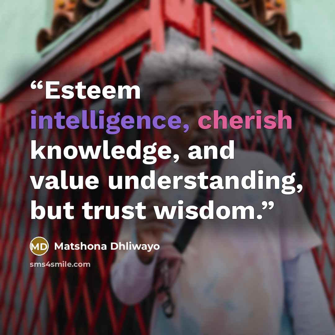 “Esteem intelligence, cherish knowledge, and value understanding, but trust wisdom.” quote by Matshona Dhliwayo