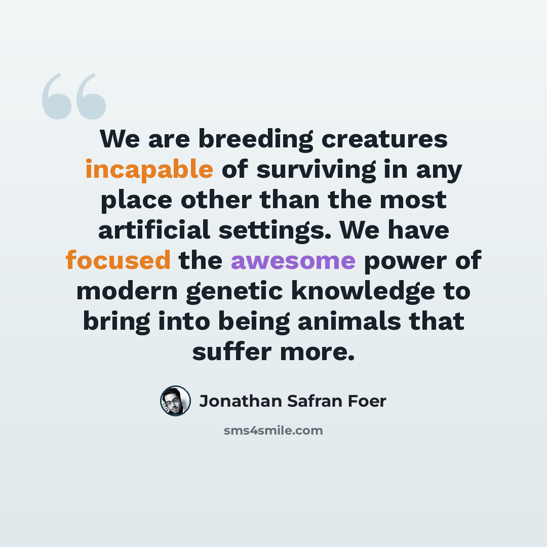 “We are breeding creatures incapable of surviving in any place other than the most artificial settings. We have focused the awesome power of modern genetic knowledge to bring into being animals that suffer more.” quote by Jonathan Safran Foer