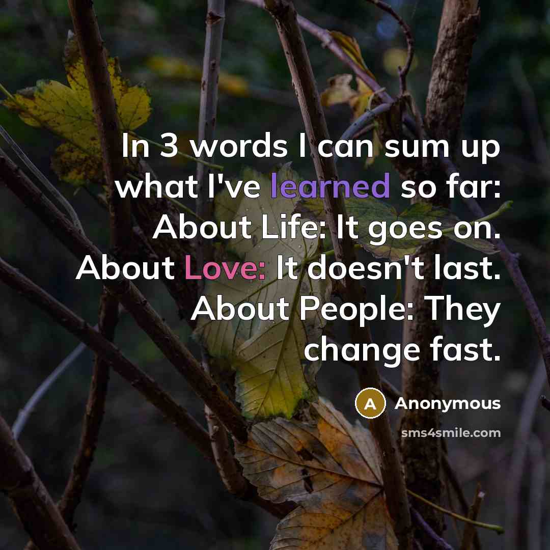 “In 3 words I can sum up what I've learned so far: About Life: It goes on. About Love: It doesn't last. About People: They change fast.” quote by Anonymous