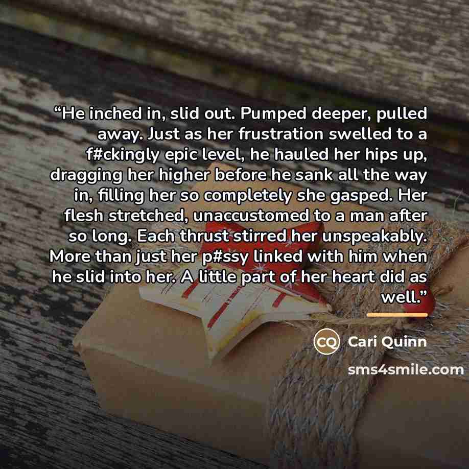“He inched in, slid out. Pumped deeper, pulled away. Just as her frustration swelled to a f#ckingly epic level, he hauled her hips up, dragging her higher before he sank all the way in, filling her so completely she gasped. Her flesh stretched, unaccustomed to a man after so long. Each thrust…” quote by Cari Quinn
