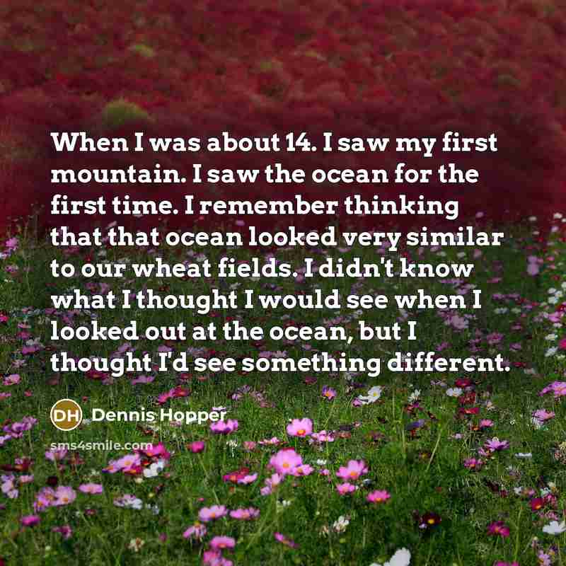 “When I was about 14. I saw my first mountain. I saw the ocean for the first time. I remember thinking that that ocean looked very similar to our wheat fields. I didn't know what I thought I would see when I looked out at the ocean, but I thought I'd see something different.” quote by Dennis Hopper