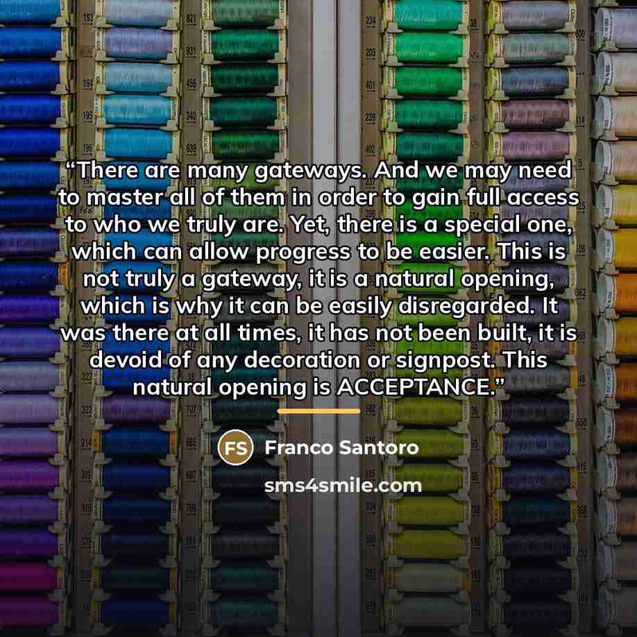 “There are many gateways. And we may need to master all of them in order to gain full access to who we truly are. Yet, there is a special one, which can allow progress to be easier. This is not truly a gateway, it is a natural opening, which is why it can be easily disregarded. It was there at all…” quote by Franco Santoro