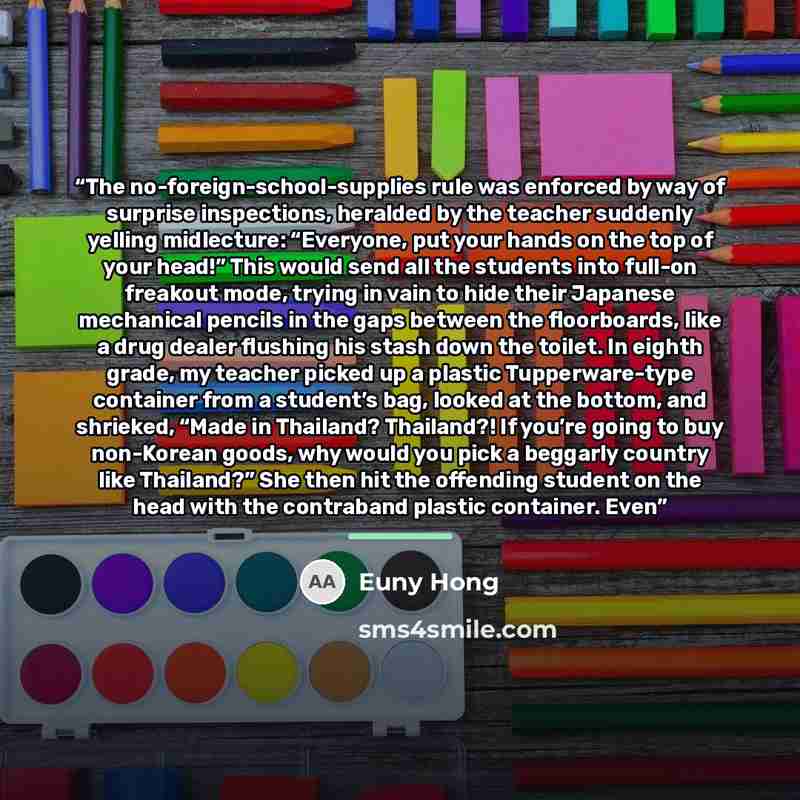 “The no-foreign-school-supplies rule was enforced by way of surprise inspections, heralded by the teacher suddenly yelling midlecture: “Everyone, put your hands on the top of your head!” This would send all the students into full-on freakout mode, trying in vain to hide their Japanese mechanical…” quote by Euny Hong