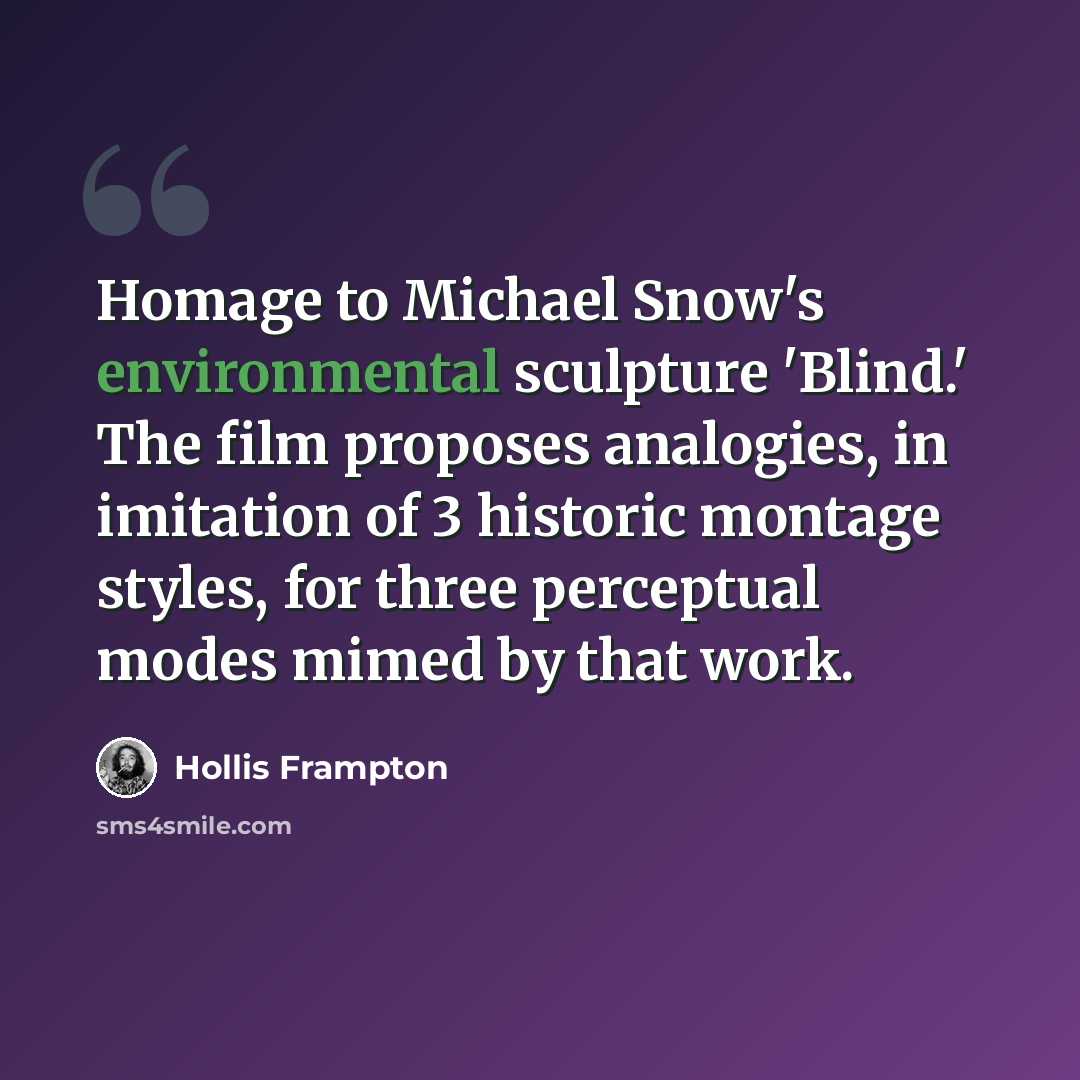 “Homage to Michael Snow's environmental sculpture 'Blind.' The film proposes analogies, in imitation of 3 historic montage styles, for three perceptual modes mimed by that work.” quote by Hollis Frampton