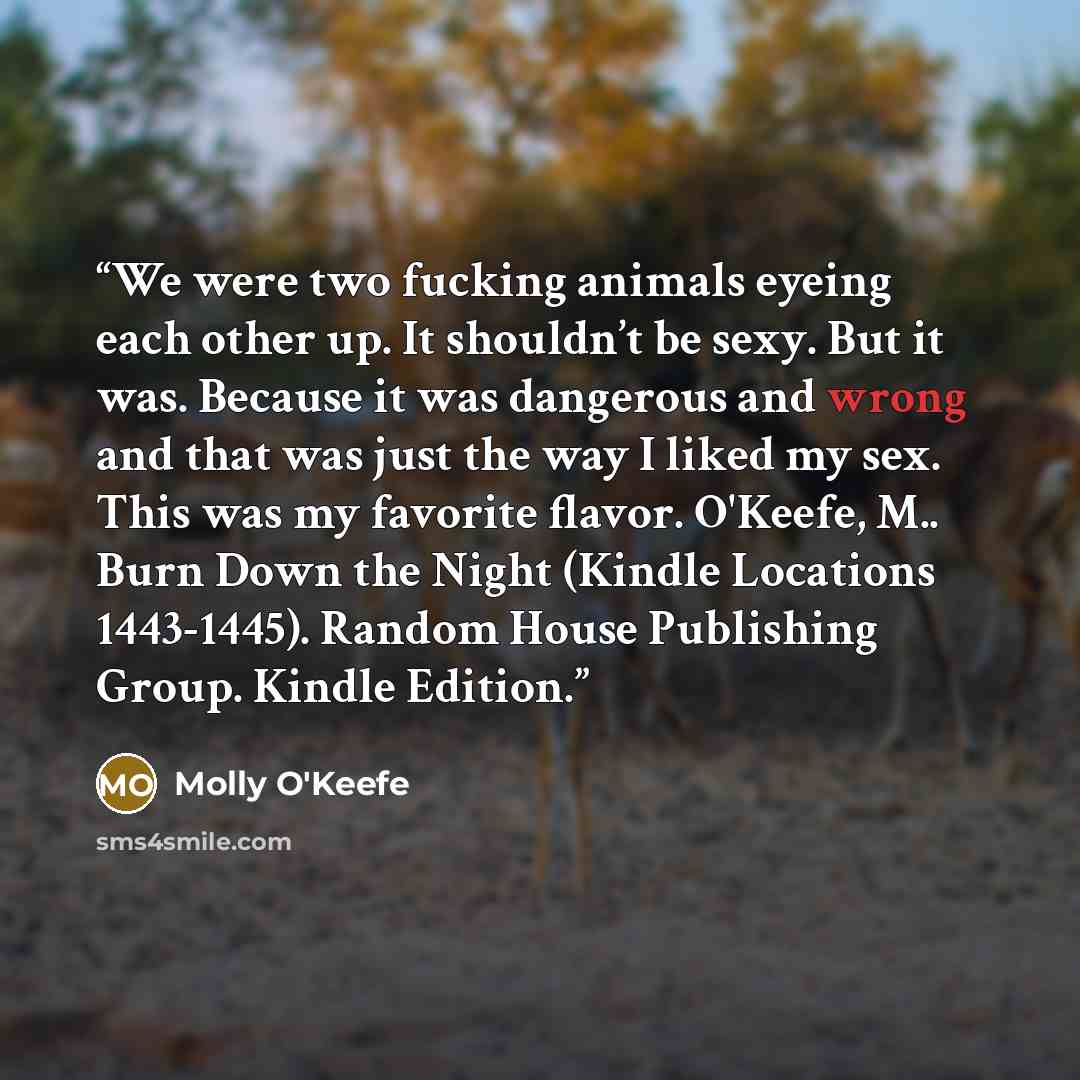 “We were two fucking animals eyeing each other up. It shouldn’t be sexy. But it was. Because it was dangerous and wrong and that was just the way I liked my sex. This was my favorite flavor. O'Keefe, M.. Burn Down the Night (Kindle Locations 1443-1445). Random House Publishing Group. Kindle Edition.” quote by Molly O'Keefe
