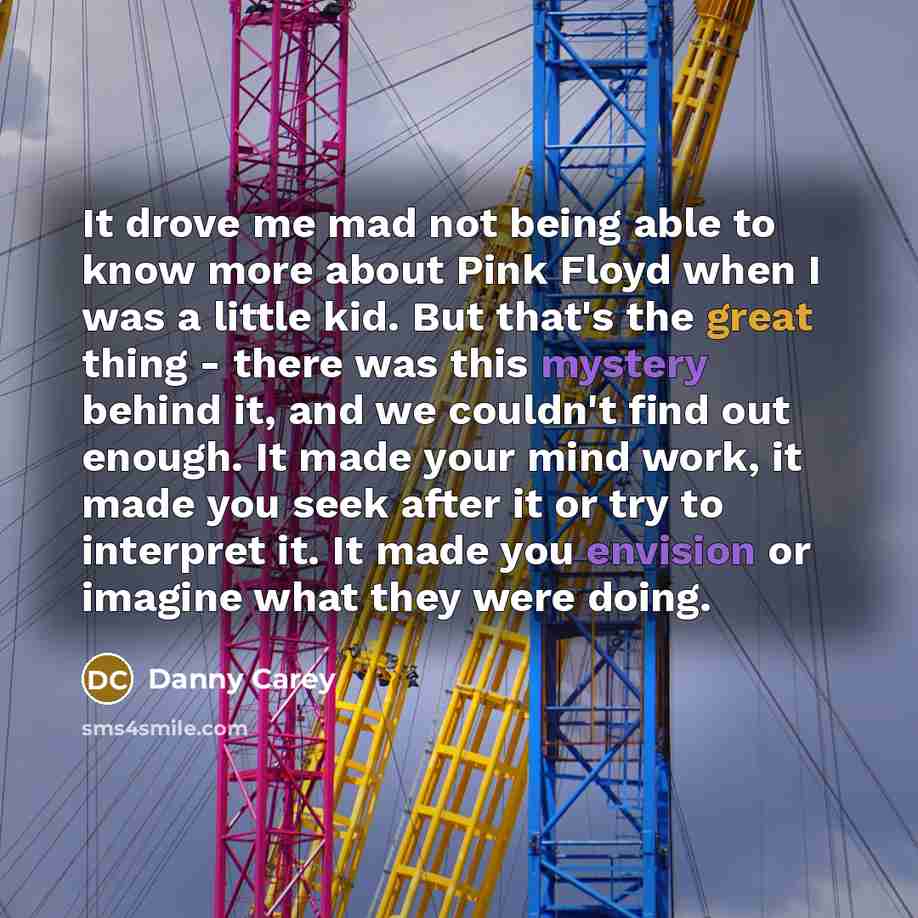 “It drove me mad not being able to know more about Pink Floyd when I was a little kid. But that's the great thing - there was this mystery behind it, and we couldn't find out enough. It made your mind work, it made you seek after it or try to interpret it. It made you envision or imagine what they…” quote by Danny Carey