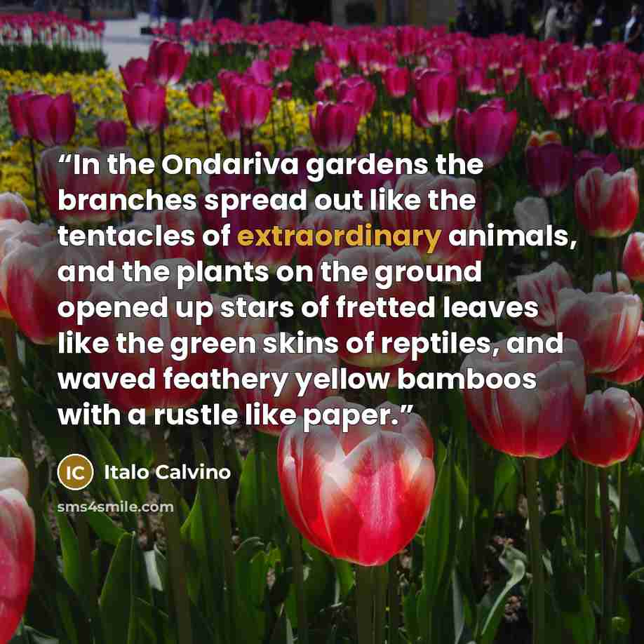 “In the Ondariva gardens the branches spread out like the tentacles of extraordinary animals, and the plants on the ground opened up stars of fretted leaves like the green skins of reptiles, and waved feathery yellow bamboos with a rustle like paper.” quote by Italo Calvino