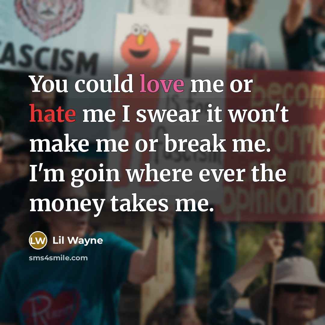 “You could love me or hate me I swear it won't make me or break me. I'm goin where ever the money takes me.” quote by Lil Wayne