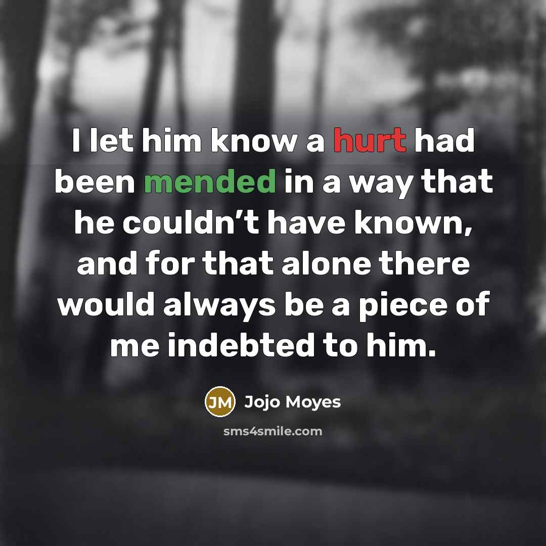 “I let him know a hurt had been mended in a way that he couldn’t have known, and for that alone there would always be a piece of me indebted to him.” quote by Jojo Moyes