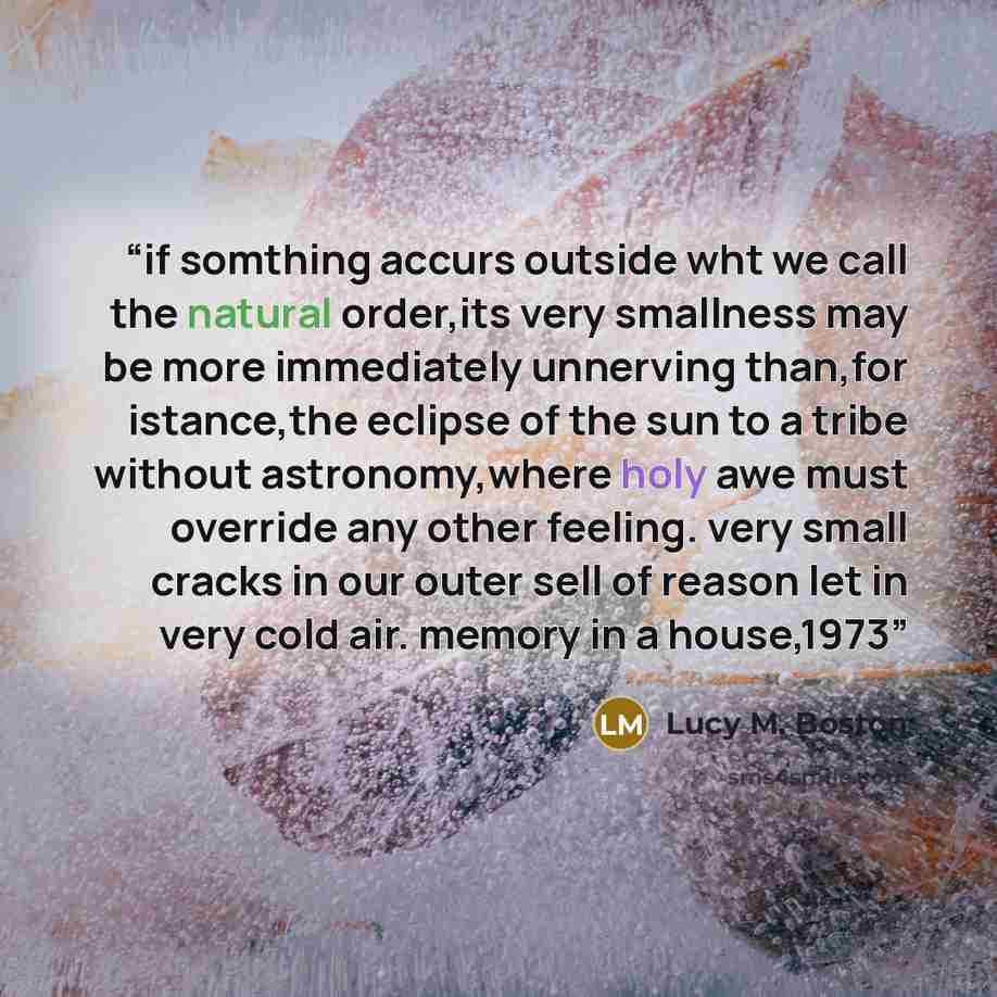 “if somthing accurs outside wht we call the natural order,its very smallness may be more immediately unnerving than,for istance,the eclipse of the sun to a tribe without astronomy,where holy awe must override any other feeling. very small cracks in our outer sell of reason let in very cold air…” quote by Lucy M. Boston