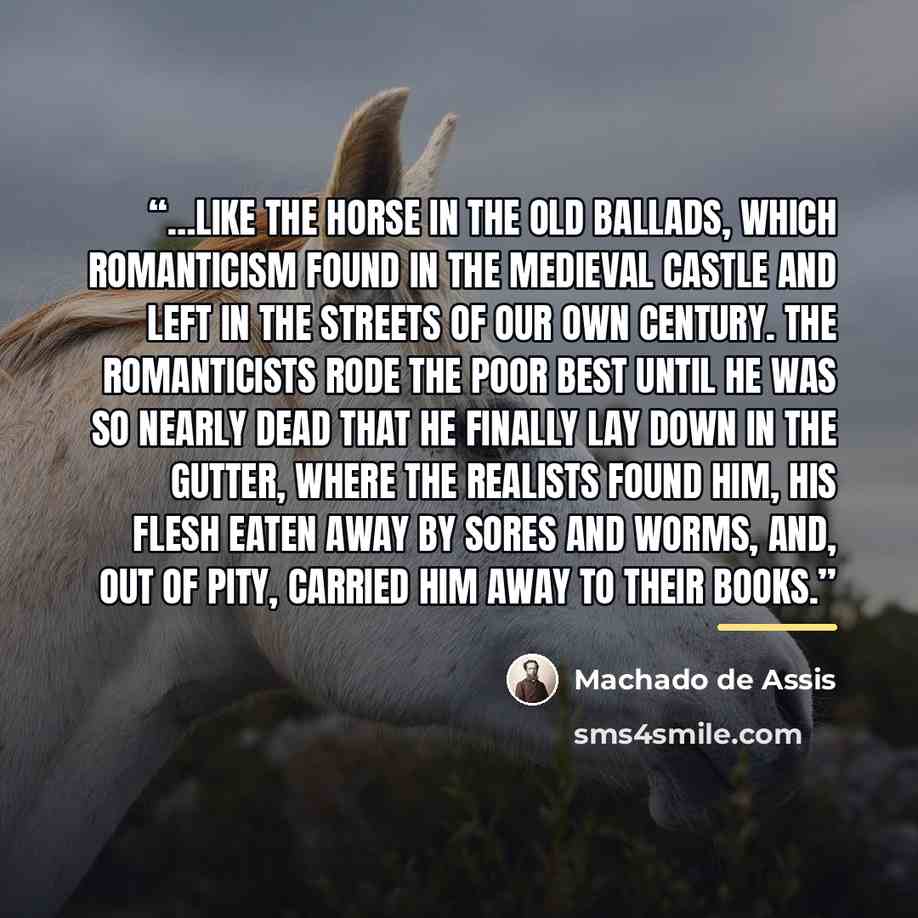 “…like the horse in the old ballads, which Romanticism found in the medieval castle and left in the streets of our own century. The Romanticists rode the poor best until he was so nearly dead that he finally lay down in the gutter, where the realists found him, his flesh eaten away by sores and…” quote by Machado de Assis
