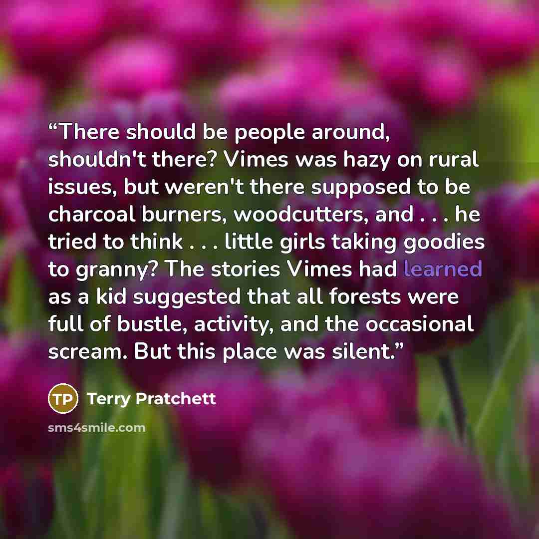 “There should be people around, shouldn't there? Vimes was hazy on rural issues, but weren't there supposed to be charcoal burners, woodcutters, and . . . he tried to think . . . little girls taking goodies to granny? The stories Vimes had learned as a kid suggested that all forests were full of…” quote by Terry Pratchett