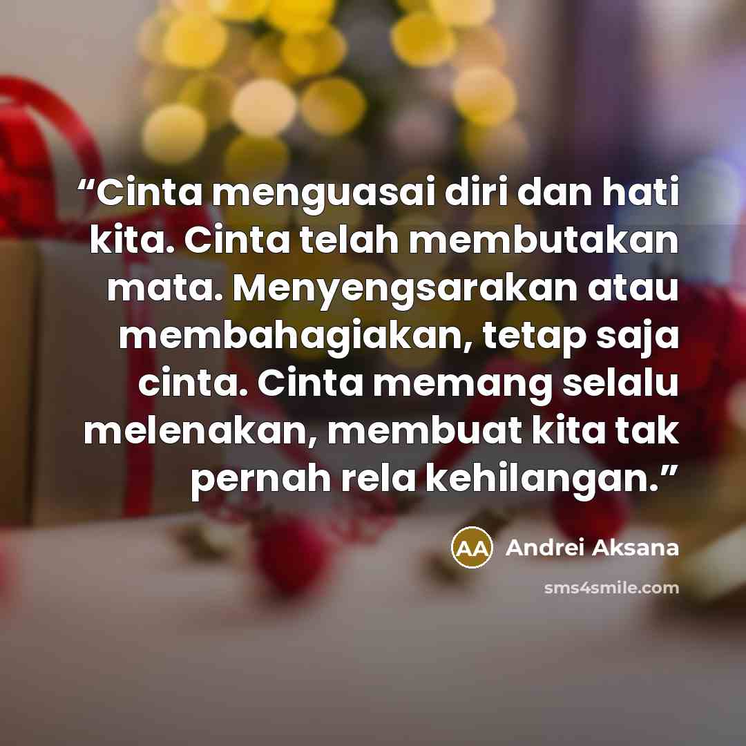 “Cinta menguasai diri dan hati kita. Cinta telah membutakan mata. Menyengsarakan atau membahagiakan, tetap saja cinta. Cinta memang selalu melenakan, membuat kita tak pernah rela kehilangan.” quote by Andrei Aksana