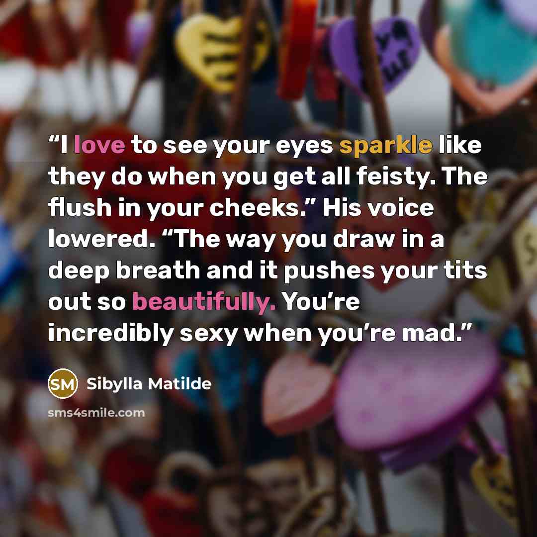 “I love to see your eyes sparkle like they do when you get all feisty. The flush in your cheeks.” His voice lowered. “The way you draw in a deep breath and it pushes your tits out so beautifully. You’re incredibly sexy when you’re mad.” quote by Sibylla Matilde