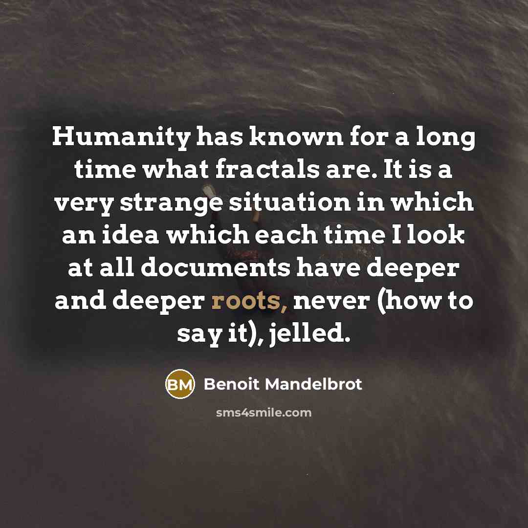 “Humanity has known for a long time what fractals are. It is a very strange situation in which an idea which each time I look at all documents have deeper and deeper roots, never (how to say it), jelled.” quote by Benoit Mandelbrot
