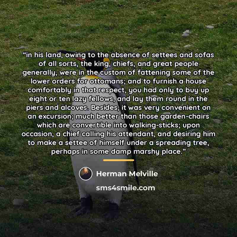 “in his land, owing to the absence of settees and sofas of all sorts, the king, chiefs, and great people generally, were in the custom of fattening some of the lower orders for ottomans; and to furnish a house comfortably in that respect, you had only to buy up eight or ten lazy fellows, and lay…” quote by Herman Melville