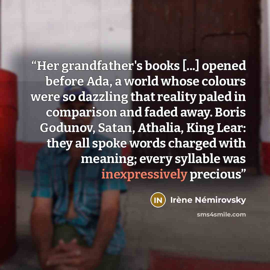 “Her grandfather's books [...] opened before Ada, a world whose colours were so dazzling that reality paled in comparison and faded away. Boris Godunov, Satan, Athalia, King Lear: they all spoke words charged with meaning; every syllable was inexpressively precious” quote by Irène Némirovsky