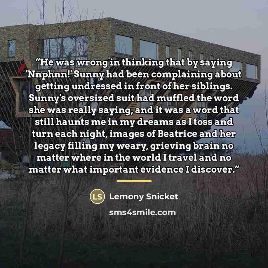 “He was wrong in thinking that by saying 'Nnphnn!' Sunny had been complaining about getting undressed in front of her siblings. Sunny's oversized suit had muffled the word she was really saying, and it was a word that still haunts me in my dreams as I toss and turn each night, images of Beatrice…” quote by Lemony Snicket