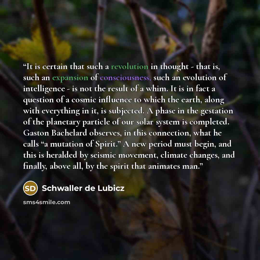 “It is certain that such a revolution in thought - that is, such an expansion of consciousness, such an evolution of intelligence - is not the result of a whim. It is in fact a question of a cosmic influence to which the earth, along with everything in it, is subjected. A phase in the gestation of…” quote by Schwaller de Lubicz