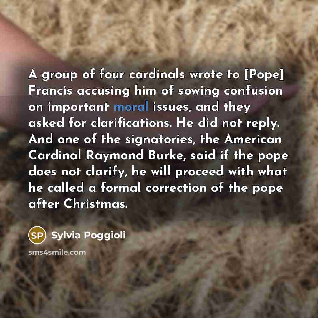 “A group of four cardinals wrote to [Pope] Francis accusing him of sowing confusion on important moral issues, and they asked for clarifications. He did not reply. And one of the signatories, the American Cardinal Raymond Burke, said if the pope does not clarify, he will proceed with what he called…” quote by Sylvia Poggioli