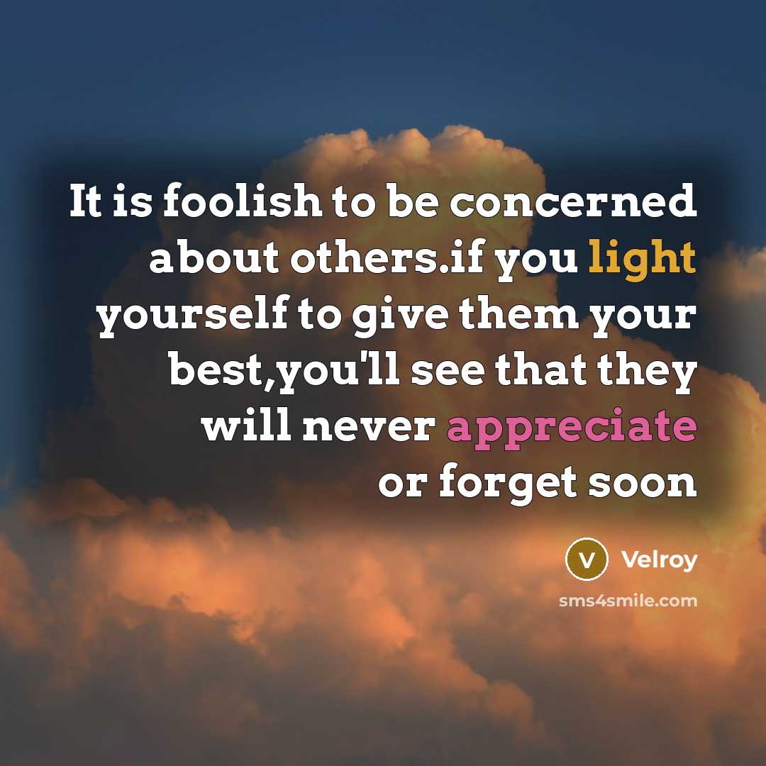 “It is foolish to be concerned about others.if you light yourself to give them your best,you'll see that they will never appreciate or forget soon” quote by Velroy
