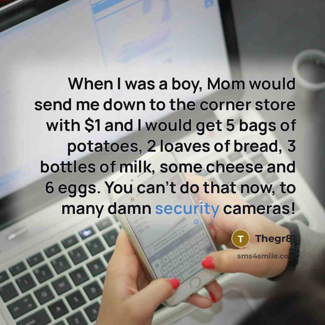“When I was a boy, Mom would send me down to the corner store with $1 and I would get 5 bags of potatoes, 2 loaves of bread, 3 bottles of milk, some cheese and 6 eggs. You can't do that now, to many damn security cameras!” quote by Thegr81