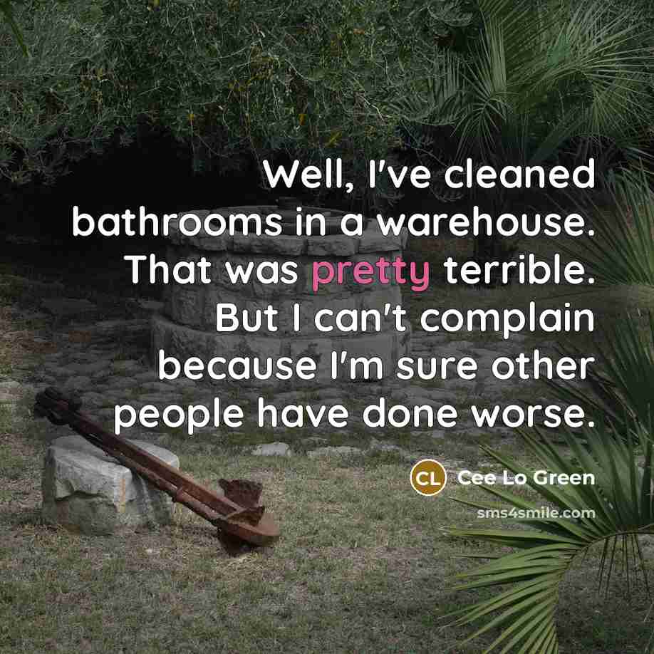 “Well, I've cleaned bathrooms in a warehouse. That was pretty terrible. But I can't complain because I'm sure other people have done worse.” quote by Cee Lo Green