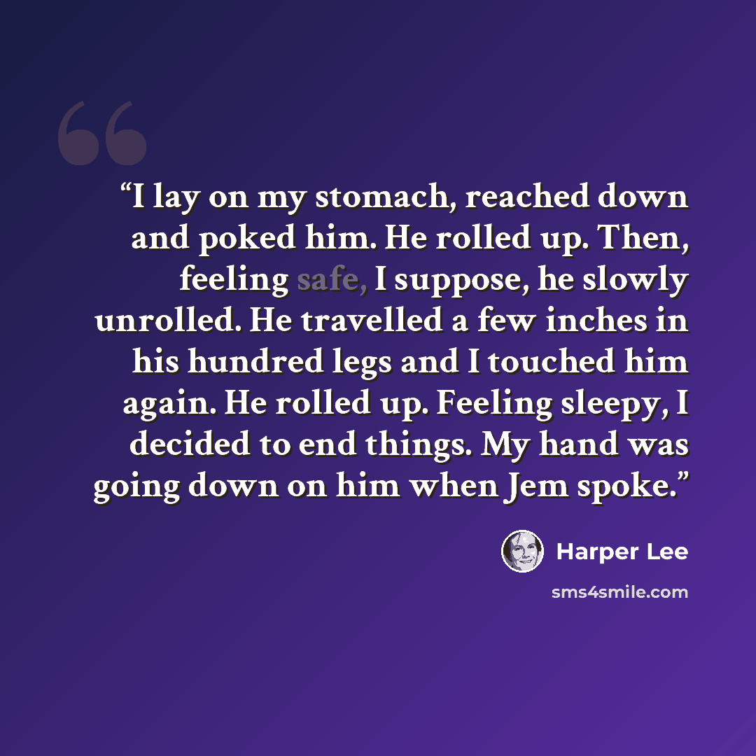 “I lay on my stomach, reached down and poked him. He rolled up. Then, feeling safe, I suppose, he slowly unrolled. He travelled a few inches in his hundred legs and I touched him again. He rolled up. Feeling sleepy, I decided to end things. My hand was going down on him when Jem spoke.” quote by Harper Lee