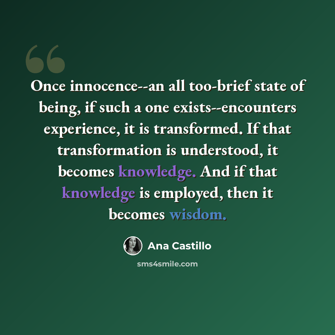 “Once innocence--an all too-brief state of being, if such a one exists--encounters experience, it is transformed. If that transformation is understood, it becomes knowledge. And if that knowledge is employed, then it becomes wisdom.” quote by Ana Castillo