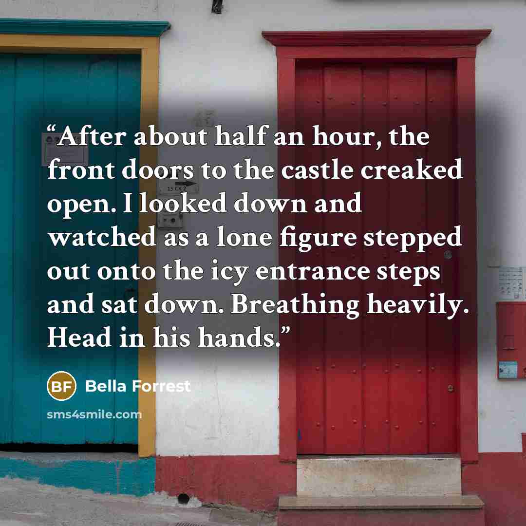“After about half an hour, the front doors to the castle creaked open. I looked down and watched as a lone figure stepped out onto the icy entrance steps and sat down. Breathing heavily. Head in his hands.” quote by Bella Forrest