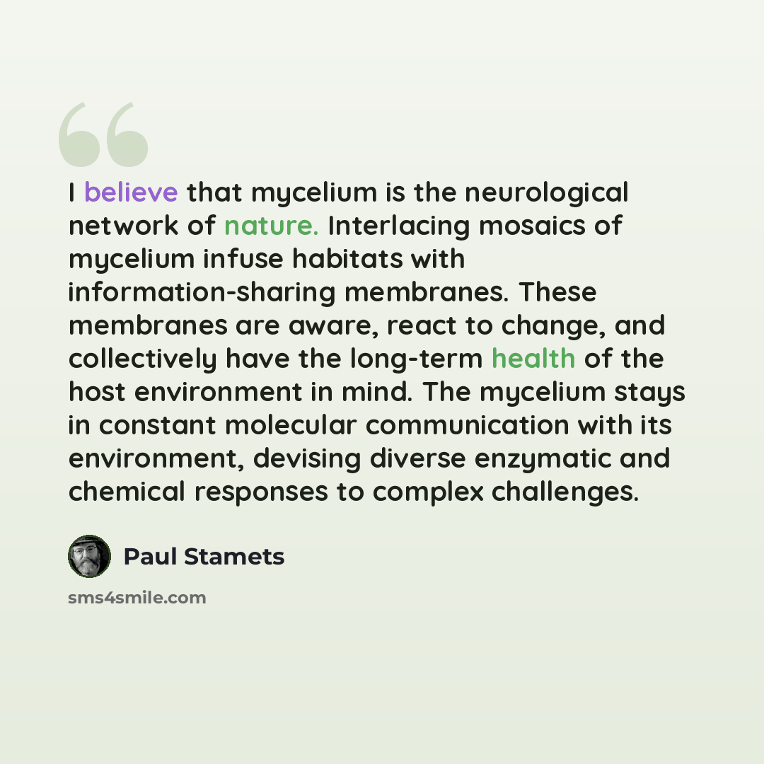 “I believe that mycelium is the neurological network of nature. Interlacing mosaics of mycelium infuse habitats with information-sharing membranes. These membranes are aware, react to change, and collectively have the long-term health of the host environment in mind. The mycelium stays in constant…” quote by Paul Stamets