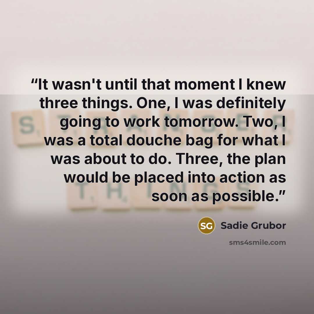 “It wasn't until that moment I knew three things. One, I was definitely going to work tomorrow. Two, I was a total douche bag for what I was about to do. Three, the plan would be placed into action as soon as possible.” quote by Sadie Grubor