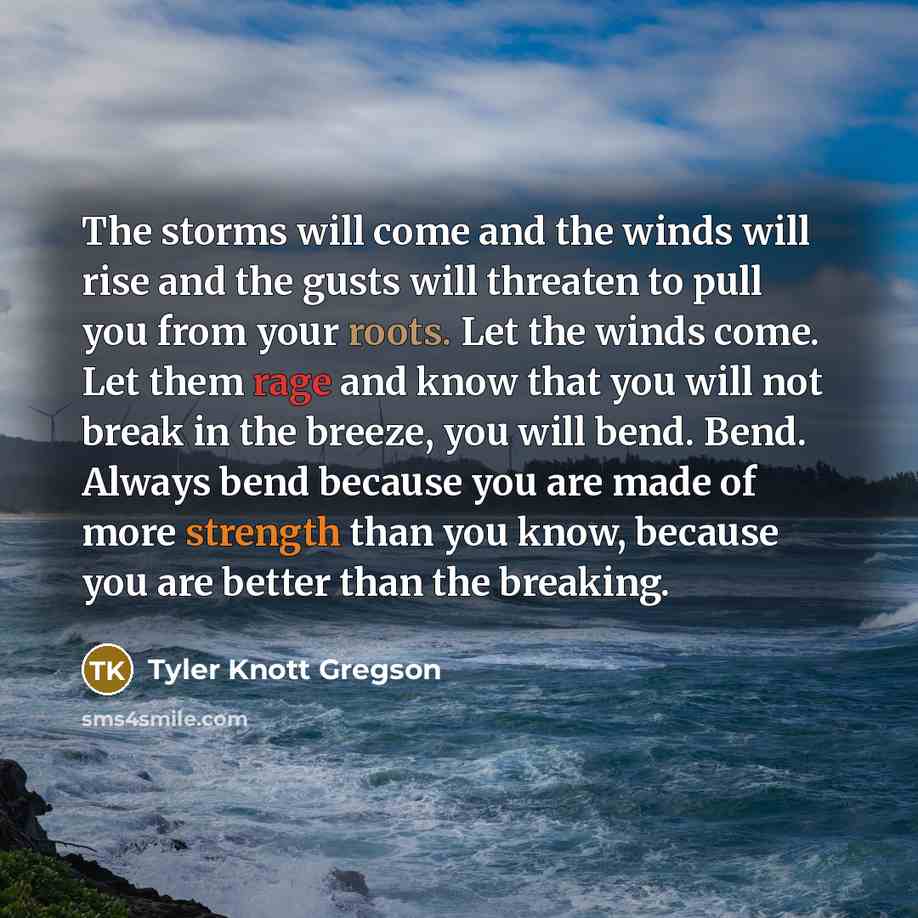 “The storms will come and the winds will rise and the gusts will threaten to pull you from your roots. Let the winds come. Let them rage and know that you will not break in the breeze, you will bend. Bend. Always bend because you are made of more strength than you know, because you are better than…” quote by Tyler Knott Gregson