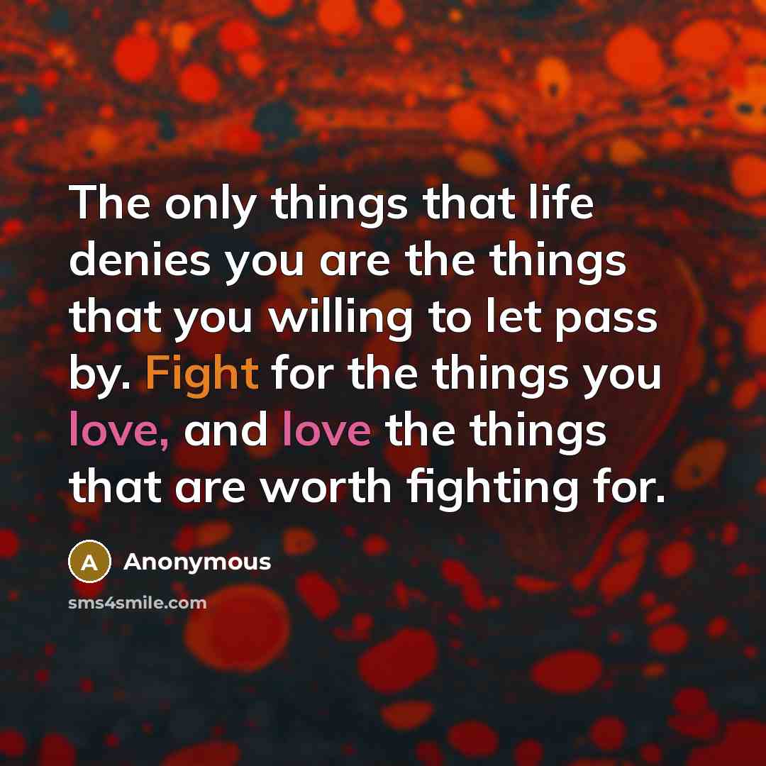 “The only things that life denies you are the things that you willing to let pass by. Fight for the things you love, and love the things that are worth fighting for.” quote by Anonymous