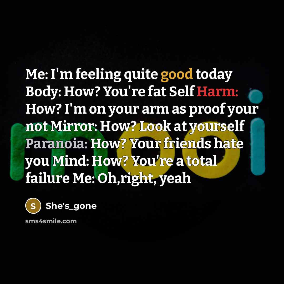 “Me: I'm feeling quite good today Body: How? You're fat Self Harm: How? I'm on your arm as proof your not Mirror: How? Look at yourself Paranoia: How? Your friends hate you Mind: How? You're a total failure Me: Oh,right, yeah” quote by She's_gone