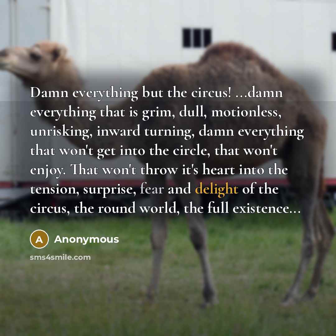 “Damn everything but the circus! ...damn everything that is grim, dull, motionless, unrisking, inward turning, damn everything that won't get into the circle, that won't enjoy. That won't throw it's heart into the tension, surprise, fear and delight of the circus, the round world, the full…” quote by Anonymous