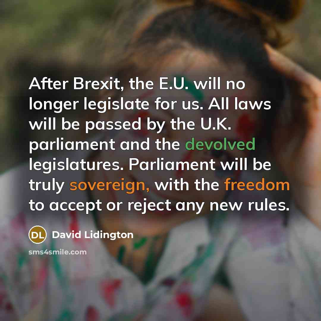 “After Brexit, the E.U. will no longer legislate for us. All laws will be passed by the U.K. parliament and the devolved legislatures. Parliament will be truly sovereign, with the freedom to accept or reject any new rules.” quote by David Lidington