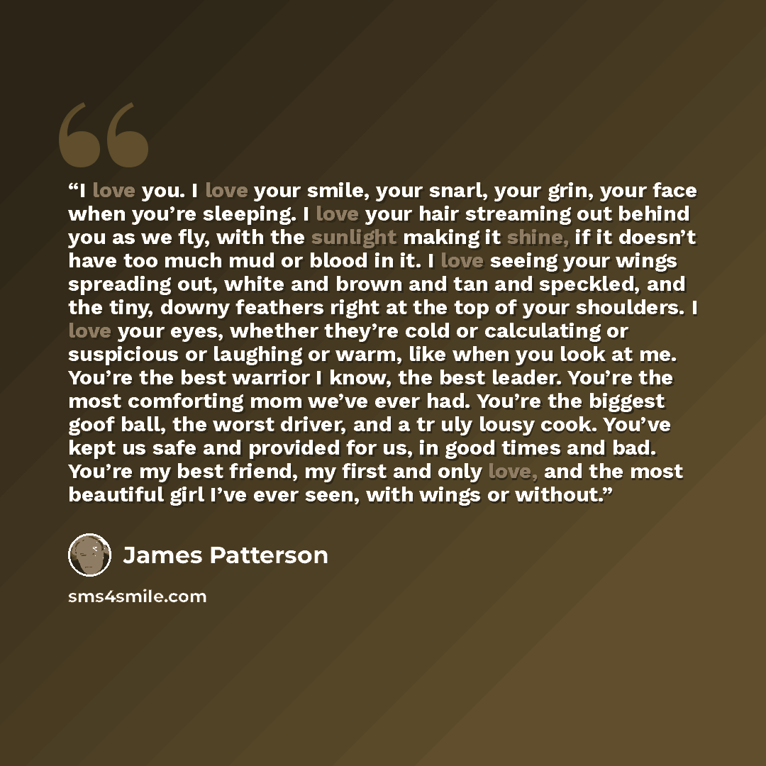 “I love you. I love your smile, your snarl, your grin, your face when you’re sleeping. I love your hair streaming out behind you as we fly, with the sunlight making it shine, if it doesn’t have too much mud or blood in it. I love seeing your wings spreading out, white and brown and tan and…” quote by James Patterson