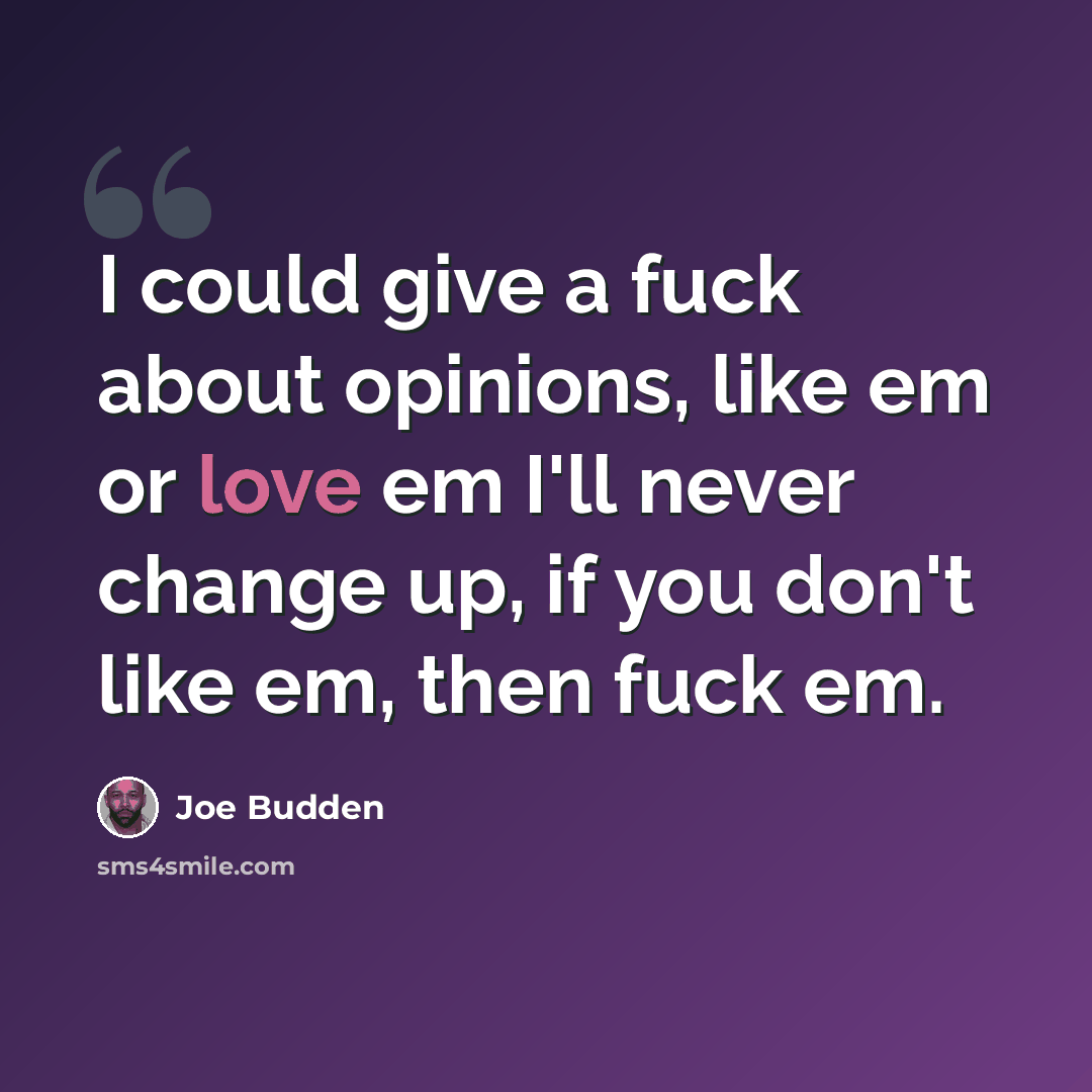 “I could give a fuck about opinions, like em or love em I'll never change up, if you don't like em, then fuck em.” quote by Joe Budden