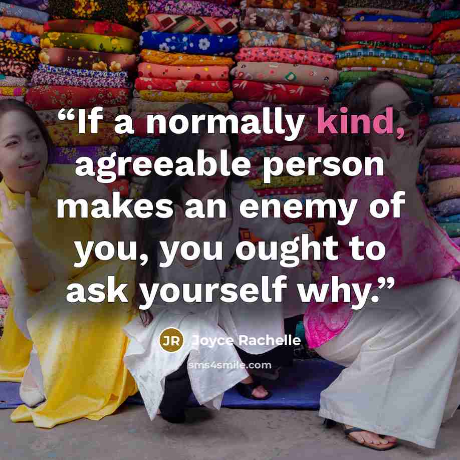 “If a normally kind, agreeable person makes an enemy of you, you ought to ask yourself why.” quote by Joyce Rachelle