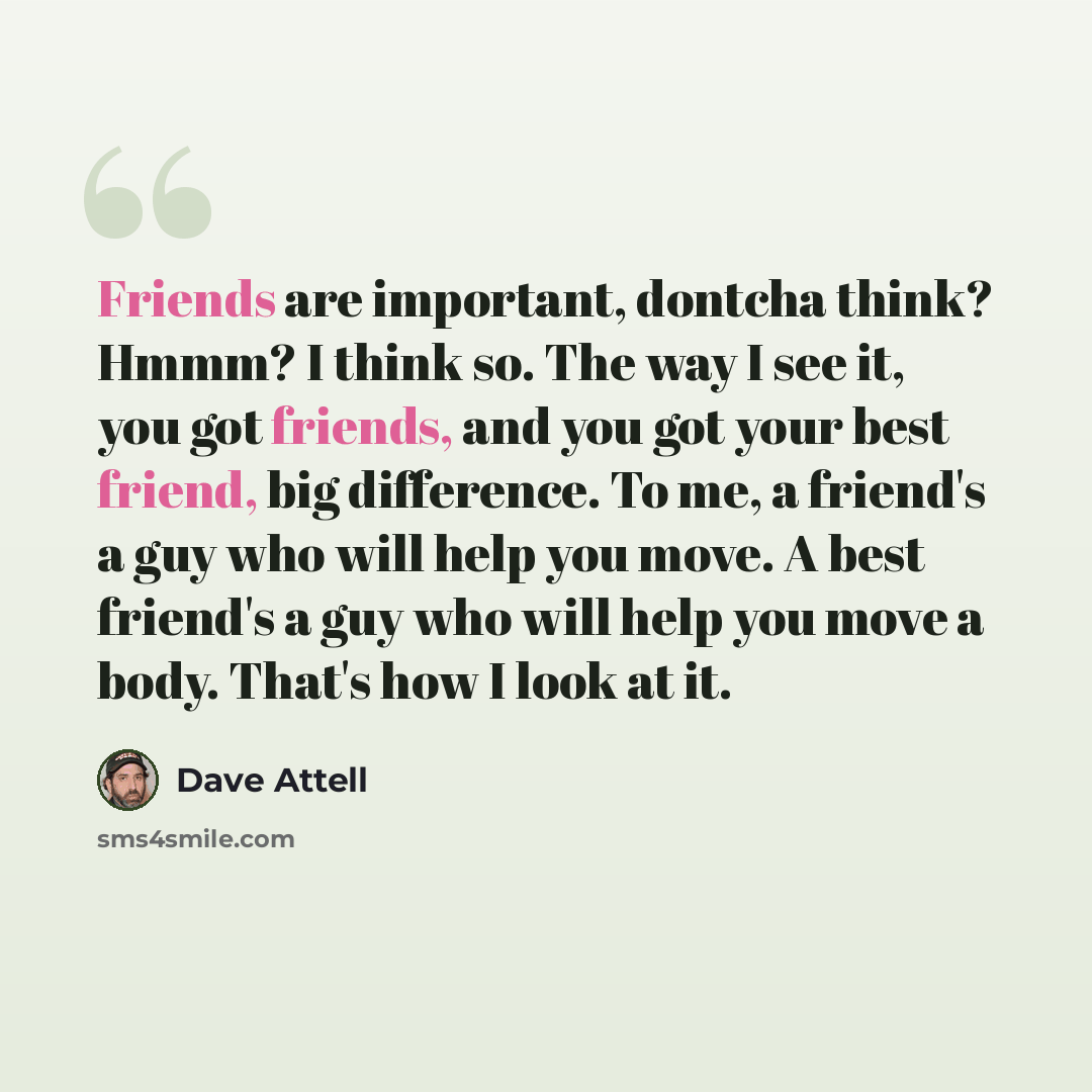 “Friends are important, dontcha think? Hmmm? I think so. The way I see it, you got friends, and you got your best friend, big difference. To me, a friend's a guy who will help you move. A best friend's a guy who will help you move a body. That's how I look at it.” quote by Dave Attell