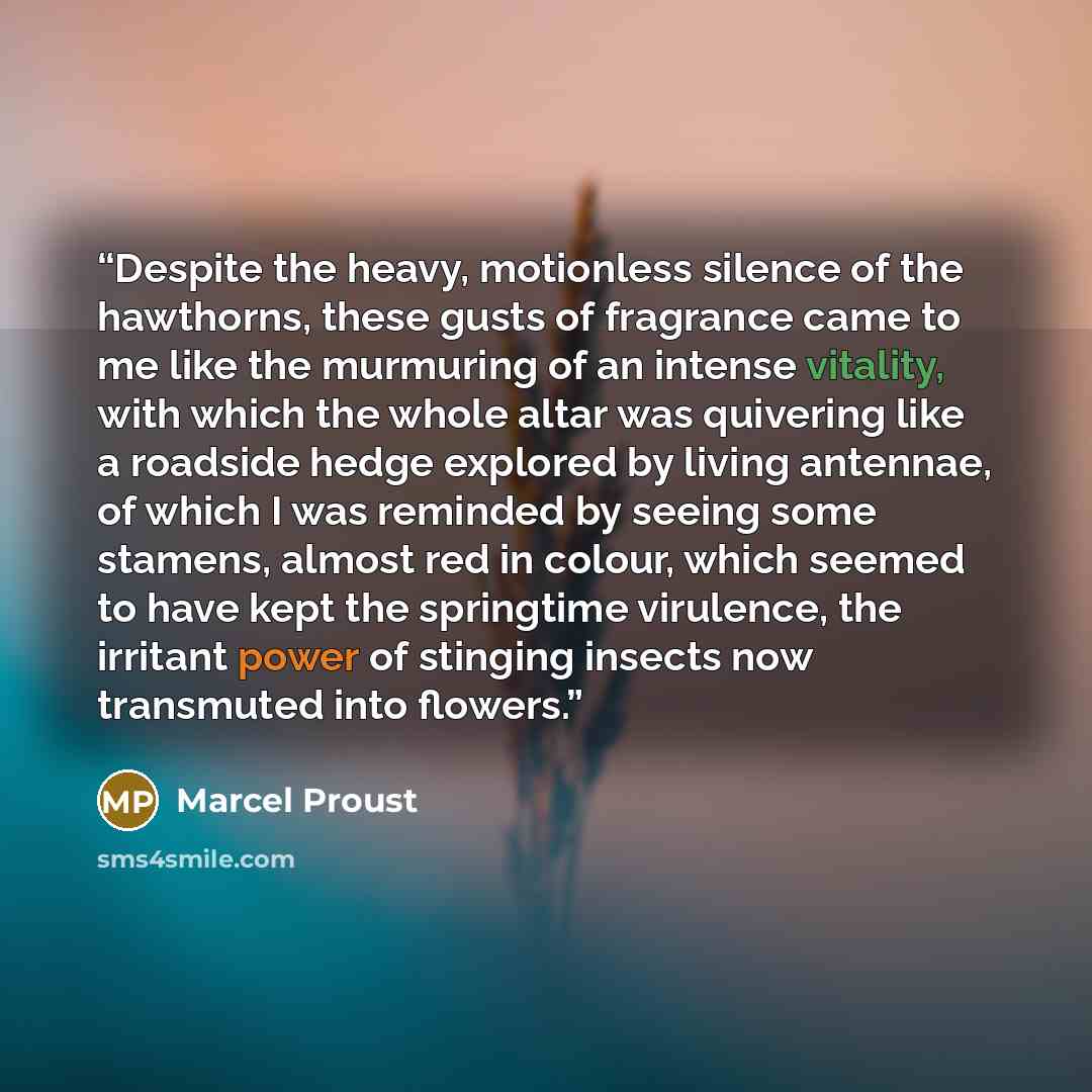 “Despite the heavy, motionless silence of the hawthorns, these gusts of fragrance came to me like the murmuring of an intense vitality, with which the whole altar was quivering like a roadside hedge explored by living antennae, of which I was reminded by seeing some stamens, almost red in colour…” quote by Marcel Proust