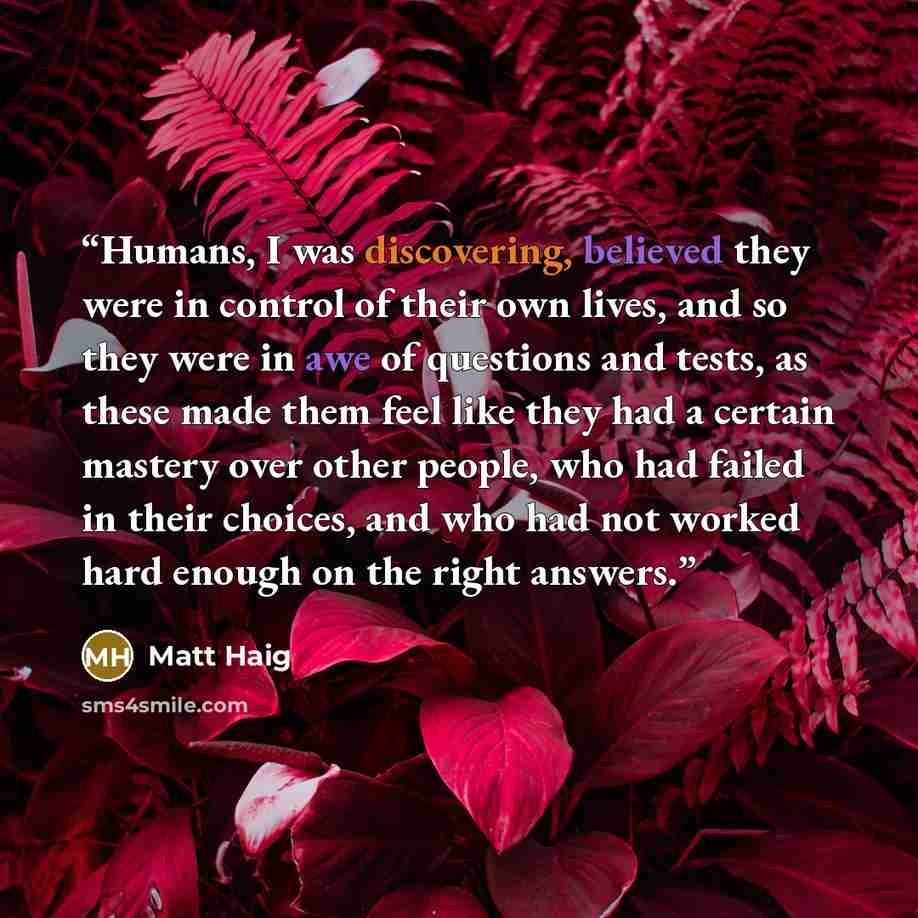 “Humans, I was discovering, believed they were in control of their own lives, and so they were in awe of questions and tests, as these made them feel like they had a certain mastery over other people, who had failed in their choices, and who had not worked hard enough on the right answers.” quote by Matt Haig