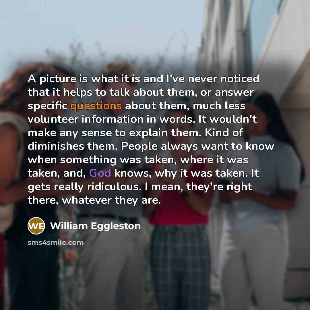 “A picture is what it is and I've never noticed that it helps to talk about them, or answer specific questions about them, much less volunteer information in words. It wouldn't make any sense to explain them. Kind of diminishes them. People always want to know when something was taken, where it was…” quote by William Eggleston